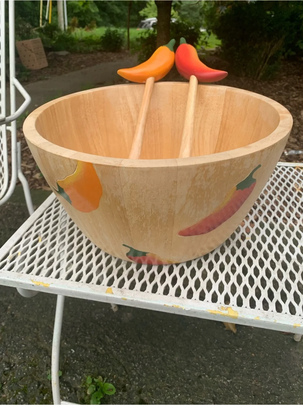 Clay Art Wooden Salad Bowl Colorful Chili Pepper Handles Serving Set Kitchen
